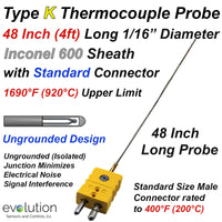 Type K Thermocouple Probe 48 Inches Long 1/16 Inconel with Connector