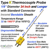Type K Thermocouple Probe 2ft and Longer 1/8" Diameter Inconel Sheath Ungrounded with a Standard Size Male Round Pin Connector