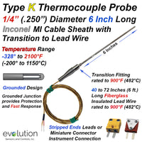 Type K Thermocouple Probe 6 inches Long 1/4