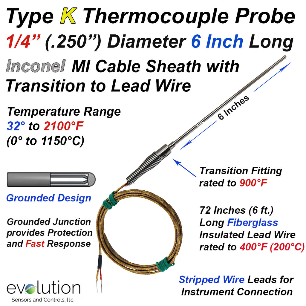Type K Thermocouple Probe Inconel Sheath Transition to Fiberglass Lead ...