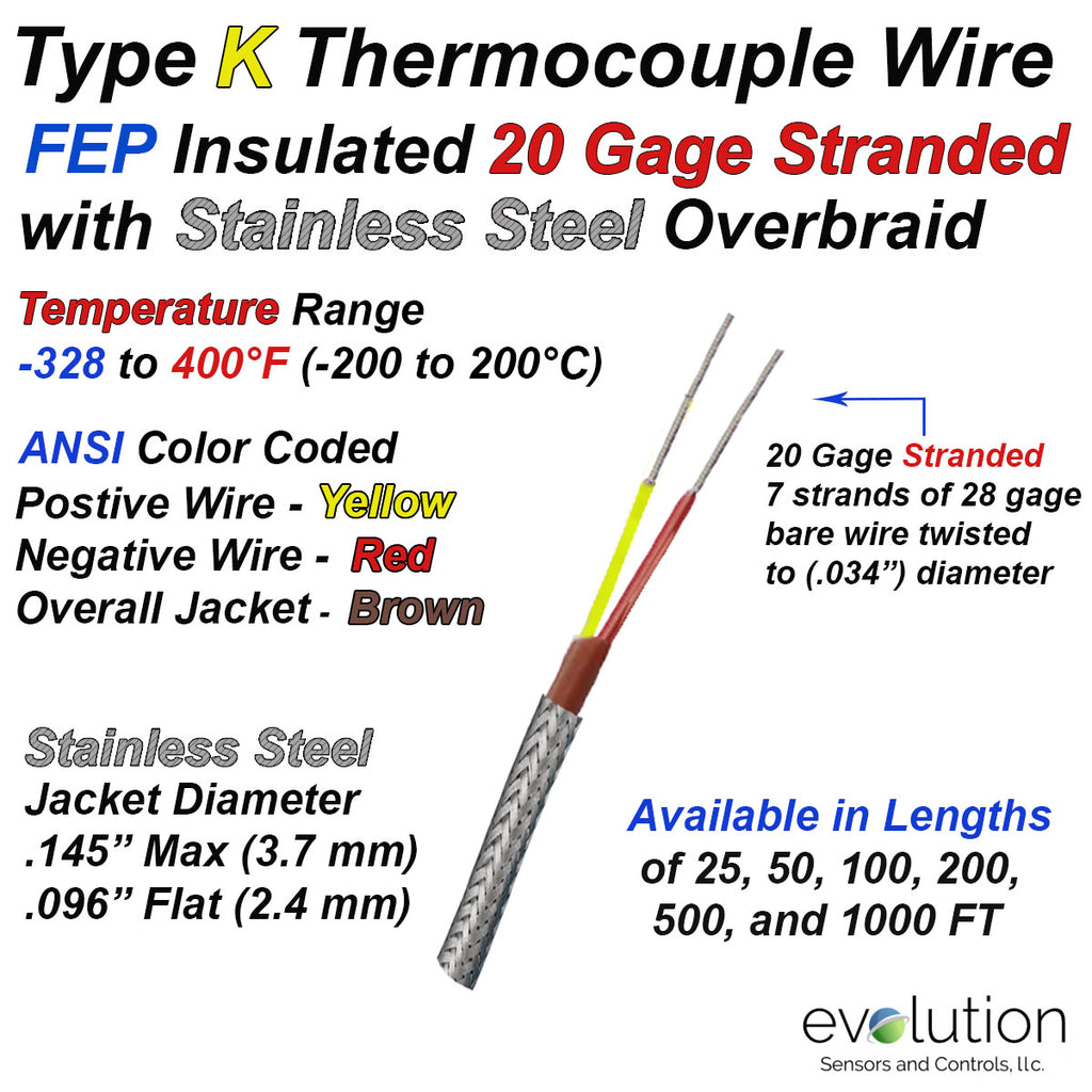 Type K Thermocouple Wire FEP Insulated 20 Gage Stranded with Overbraid ...