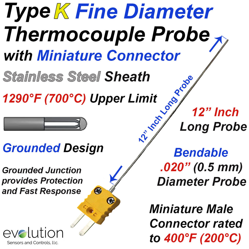 Fine Diameter Thermocouple Probe Type K 12 Inches Long with Connector