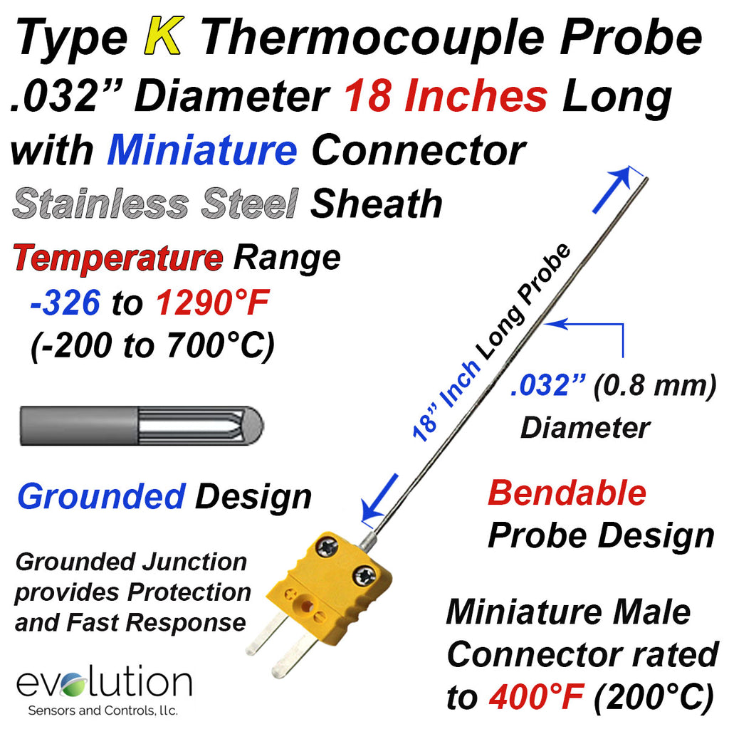 Type K Thermocouple Probe Grounded Small .032" Diameter 18 Inches Long with Mini Connector  