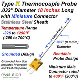 Type K Thermocouple Probe Grounded Small .032" Diameter 18 Inches Long with Mini Connector  