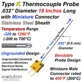 Type K Thermocouple Probe Small .032" Diameter 18 Inches Long  