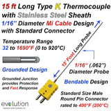 K Type Thermocouple Probe 1/16" Diameter15 Long with Male Connector