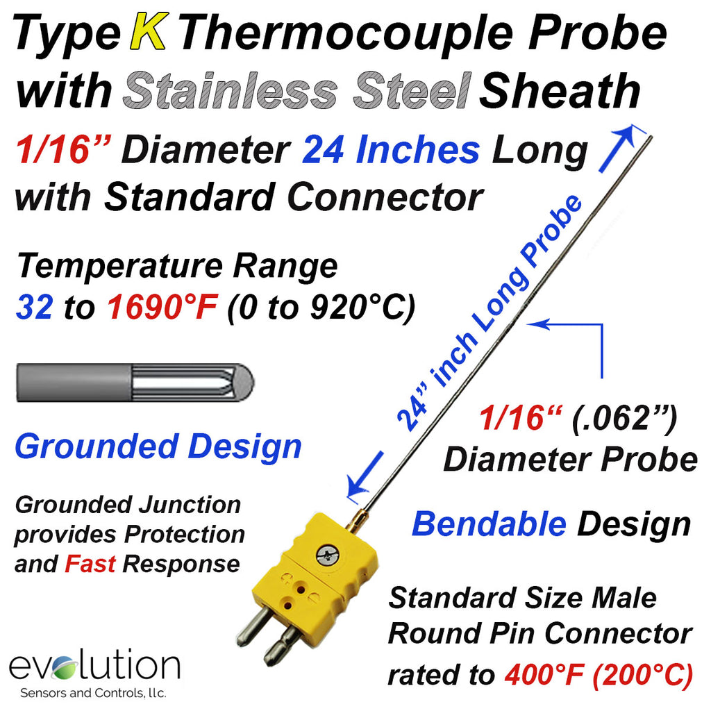 Type K Thermocouple Probe 1/16" Diameter 24 Inches Long Stainless Steel Sheath Grounded with a Standard Size Male Round Pin Connector