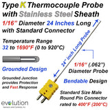 Type K Thermocouple Probe 1/16" Diameter 24 Inches Long Stainless Steel Sheath Grounded with a Standard Size Male Round Pin Connector