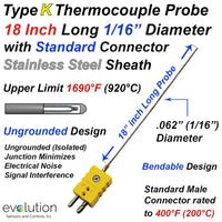 Type K Thermocouple Probe 18 inches Long 1/16
