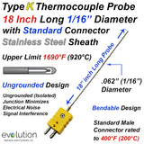 Type K Thermocouple Probe 18 inches Long 1/16" Diameter with Connector