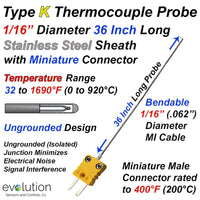 Type K Thermocouple MI Cable Probe Stainless Steel Sheath Ungrounded 1/16