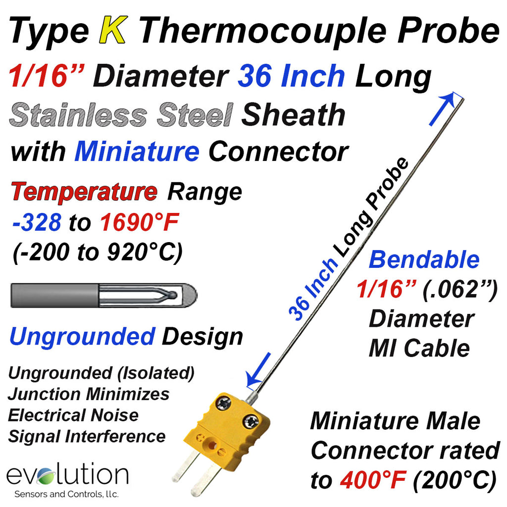Type K Thermocouple Probe 1/16" Diameter 36 Inches Long Stainless Steel Sheath Ungrounded with Miniature Connector