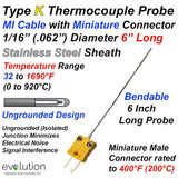 1/16" Diameter Type K Thermocouple Probe 6 Inches Long with Connector