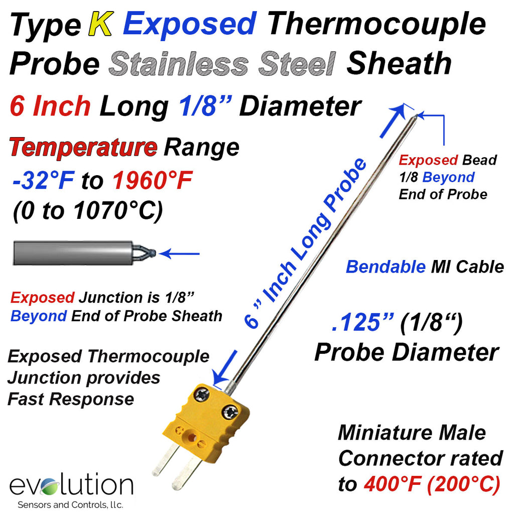 Type K Exposed Tip Thermocouple 1/8 Diameter and Miniature Connector