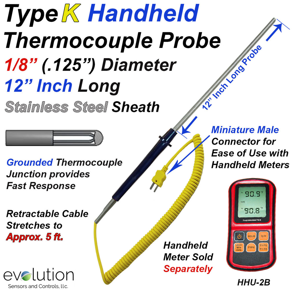 Type K Handheld Thermocouple Probe 12 Inch Long with Retractable Cable