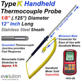 Type K Handheld Thermocouple Probe 12 Inch Long with Retractable Cable