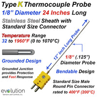 Type K Thermocouple MI Cable Probe Stainless Steel Sheath Grounded 1/8