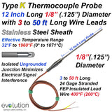 Type K Thermocouple Probe 12 Inch Long 1/8" Diameter with Wire Leads