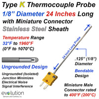 Type K Thermocouple MI Cable Probe Stainless Steel Sheath Ungrounded 1/8