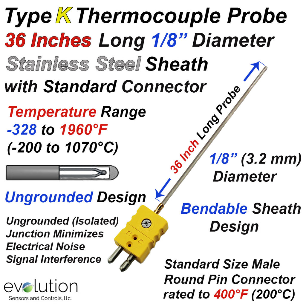 Type K Thermocouple Probe 36" Long 1/8" Diameter with Std Connector
