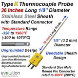 Type K Thermocouple Probe 36" Long 1/8" Diameter with Std Connector