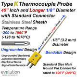 Type K Thermocouple Probe 40 Inch and Longer 1/8" Diameter with Standard Size  Connector