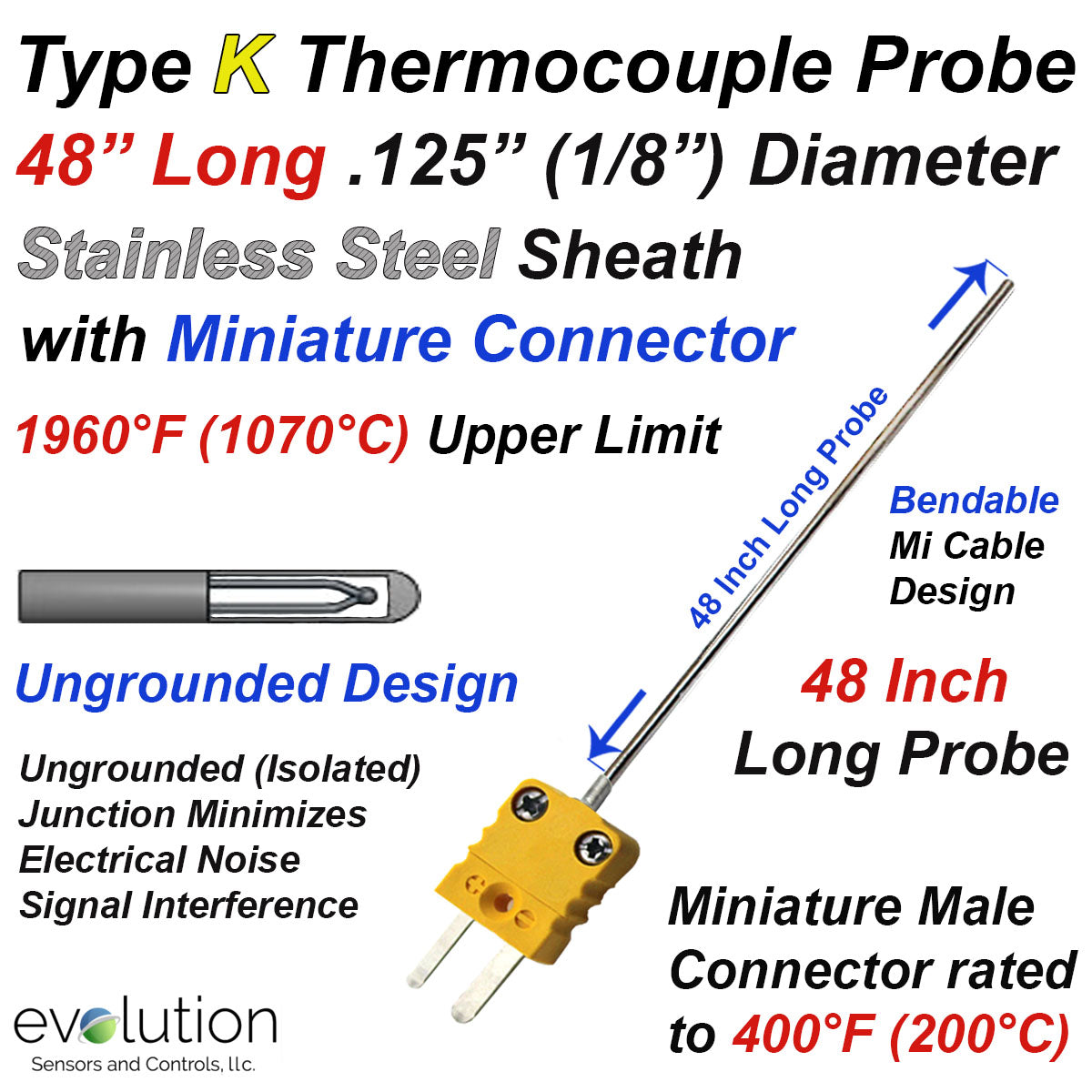 Steel Probe Type K Thermocouple Probe 1/8