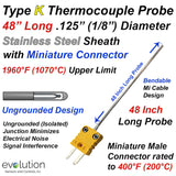 Type K Thermocouple Probe 1/8" Diameter 48 Inches Long Ungrounded