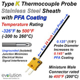 Type K PFA Coated Thermocouple Probe 6 to 24 Inches Long with a Miniature Connector