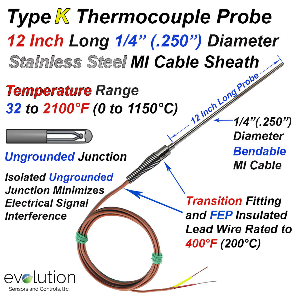 Thermocouple Sensor and Probe Type K Ungrounded 12 inches long 1/4 inch diameter Stainless Steel Sheath with PFA Lead Wire