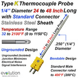 Type K Thermocouple Probe 1/4" Diameter 24 to 48 Inch Long Stainless Steel Sheath Ungrounded with Standard Size Connector