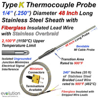 Type K Thermocouple Probe - 48 Inch Long 1/4