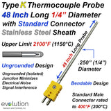 Type K Thermocouple Probe 1/4" Diameter 48 Inch Long Stainless Steel Sheath Ungrounded with Standard Size Connector