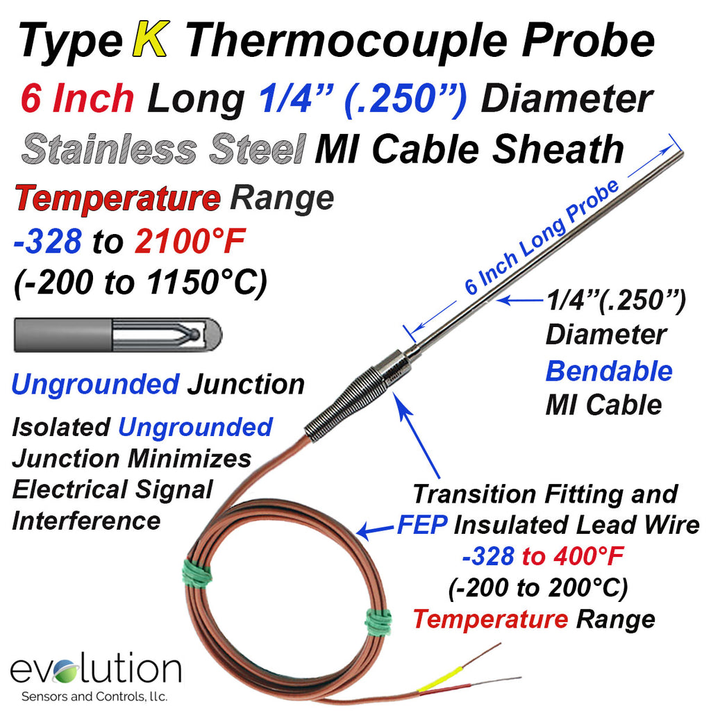 Type K Thermocouple Probe 6 inches long 1/4 inch dia with Lead Wire