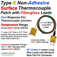 Non-Adhesive Surface Thermocouple Patch with 40 inches of Type K Fiberglass Wire and Miniature Connector