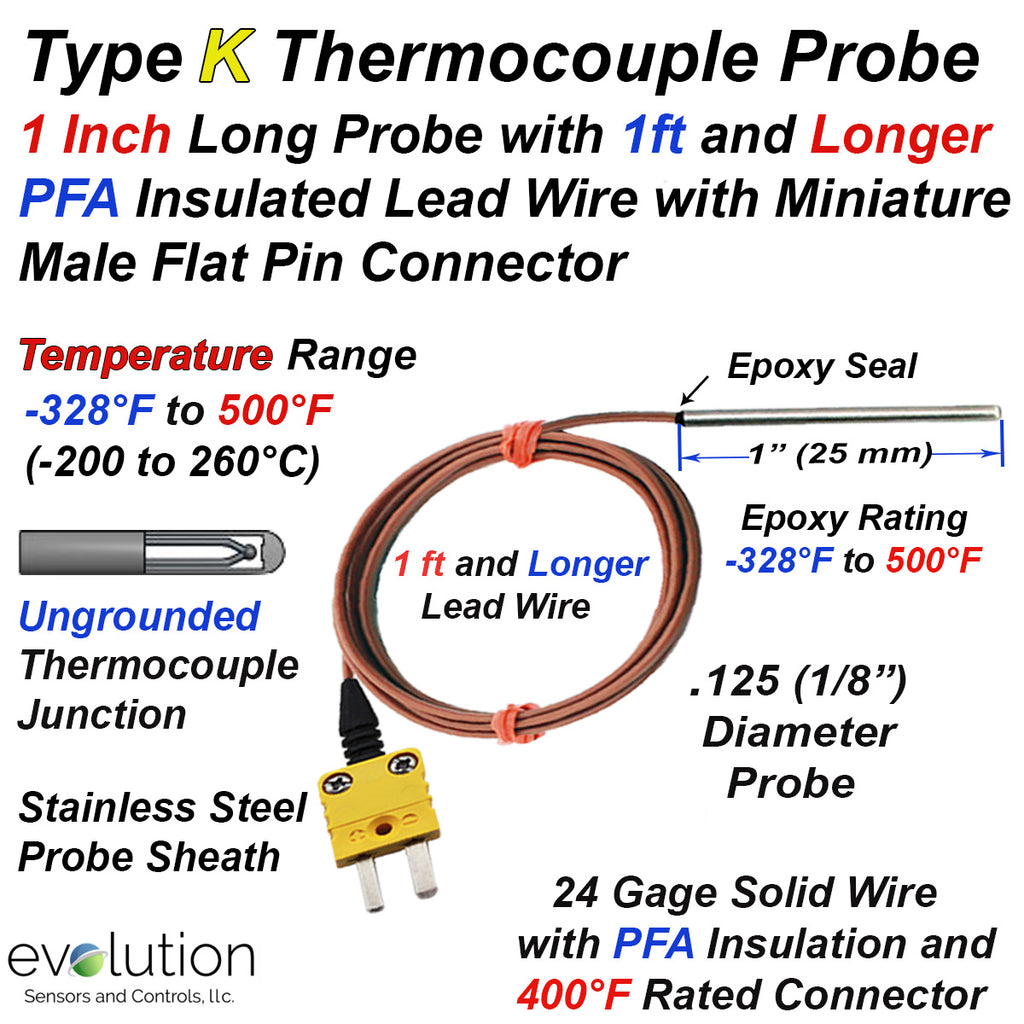 Type K Thermocouple Probe 1/8" Diameter 1 Inch Long Ungrounded - 1 ft and Longer Lead Wire with Miniature Male Connector