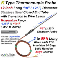 K Type Thermocouple Probe 12 Inch Long 1/8