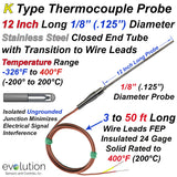 K Type Thermocouple Probe 12 Inch Long 1/8" Diameter with Wire Leads