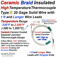 Ceramic Coated Exposed Junction Type K Thermocouple with Stripped Ends