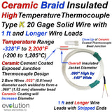 Ceramic Coated Exposed Junction Type K Thermocouple with Stripped Ends