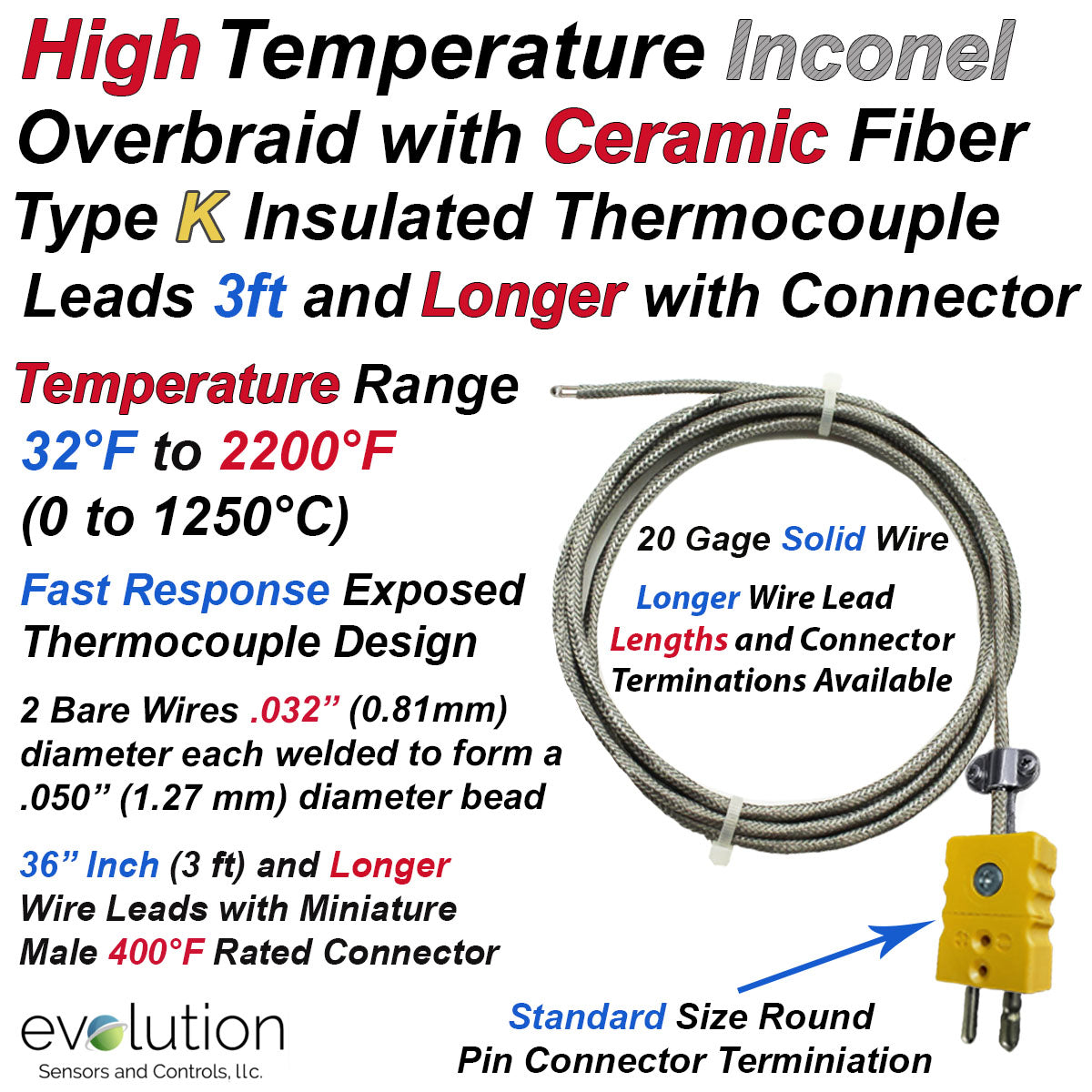 Type K Flexible Thermocouple with Inconel Overbraid Ceramic Fiber Lead ...