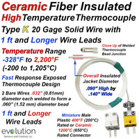 Type K High Temperature Ceramic Fiber Insulated Thermocouples with Connectors