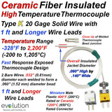 Type K High Temperature Ceramic Fiber Insulated Thermocouples with Connectors