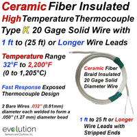 Type K High Temperature Ceramic Fiber Insulated Thermocouples with Stripped Ends Termination