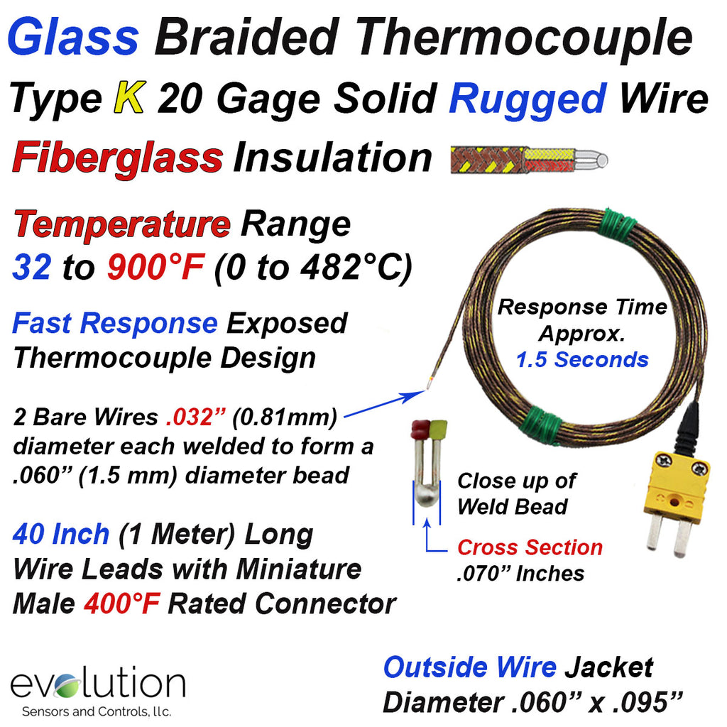 Glass Braided Thermocouple - Type K 20 Gage Fiberglass Insulated 40 inches long with Miniature Connector
