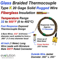 Glass Braided Thermocouple - Type K 20 Gage Fiberglass Insulated 40 inches long with Miniature Connector