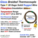 Glass Braided Thermocouple - Type K 20 Gage Fiberglass Insulated 40 inches long with Miniature Connector