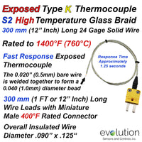 Exposed Type K High Temperature S2 Glass Braided Thermocouple - 1t Long