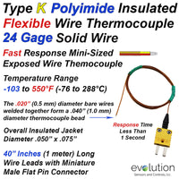 Thermocouple Beaded Wire Sensor Type K 24 Gage Kapton Insulated 40 inches long with Miniature Connector