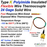 Thermocouple Beaded Wire Sensor Type K 24 Gage Kapton Insulated 40 inches long with Miniature Connector